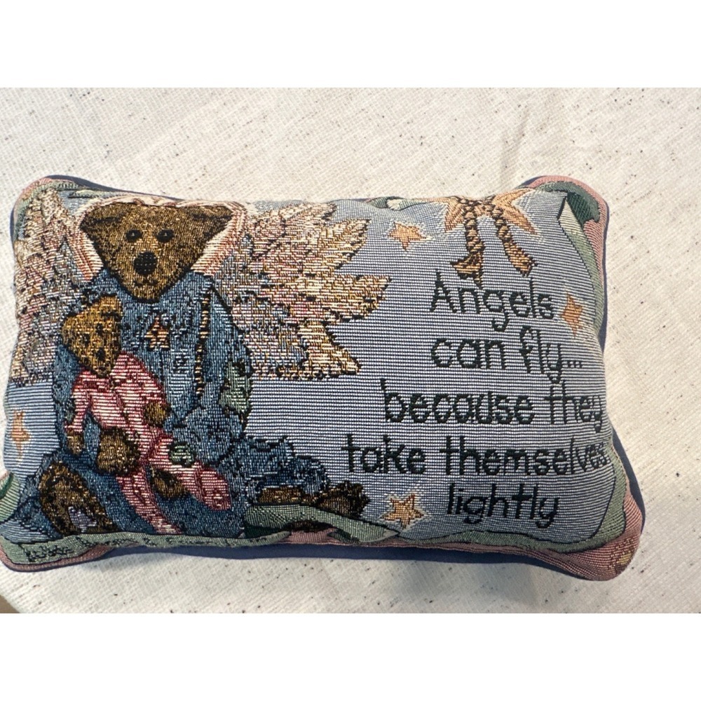 Tapestry VTG Teddy Bear Pillow Angels Can Fly Quote Accent Boyd Decor cottage